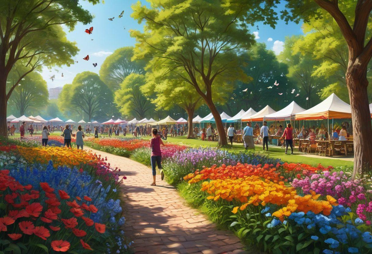 A lively and bright scene depicting a sunlit park filled with joyful people engaged in hobbies like painting and gardening, surrounded by blooming flowers in vivid colors. Incorporate elements of healthy food stalls and exercise enthusiasts, creating a sense of community and vitality. Include whimsical butterflies fluttering above, enhancing the cheerful atmosphere. vector art. vibrant colors. 3D.