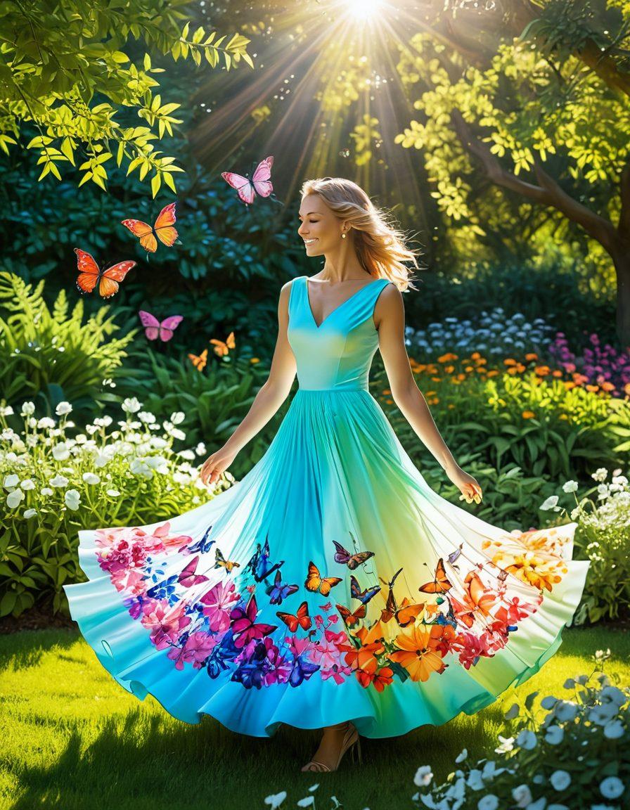 A serene scene of a woman twirling in a vibrant garden filled with colorful flowers under a bright blue sky. She wears an elegant, flowing dress that reflects a spectrum of joyful colors, symbolizing a joyful and elegant life. Surround her are soft rays of sunlight filtering through lush green leaves, creating a magical atmosphere. Add subtle elements like butterflies and birds to enhance the sense of joyfulness. super-realistic. vibrant colors. 3D.