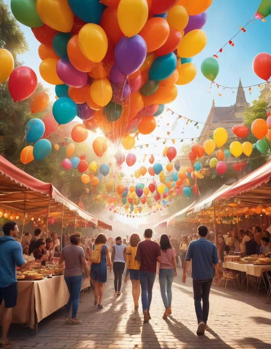 A joyful scene depicting a diverse group of people celebrating together in a colorful outdoor festival atmosphere, surrounded by vibrant decorations, balloons, and food stalls. The sunlight casts a warm glow, reflecting their smiles and laughter. Include elements like musical instruments and art installations to highlight creative expression. super-realistic. vibrant colors. soft focus.